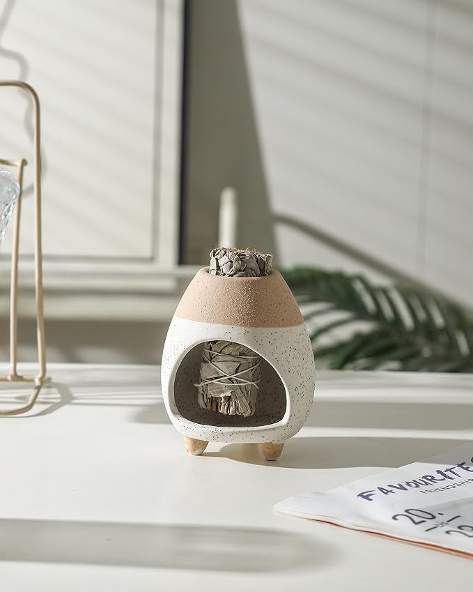 Palo Santo Holder Burner, Handcrafted Ceramic Incense Holder Burner and Ash Catcher for Palo Santo Sticks or sage Bundles, Smudge Bowl, Meditation Home Decor (White Yellow) - Bloomnest