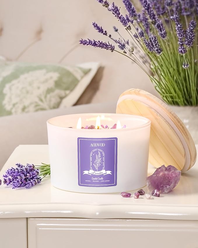 AOOVOO Lavender Scented Candles for Women - 20oz 3 Wick Soy Candles for Home Scented, Aromatherapy Candle with Crystals Inside, Birthday Gifts Christmas Candle for Women Mom - Bloomnest