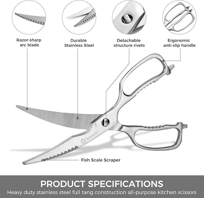 Sunnecko Kitchen Scissors for Food, Heavy Duty Scissors All Purpose Kitchen Shears That Come Apart, 9 Inch Fully Forged Stainless Steel with Curved Blades - Bloomnest