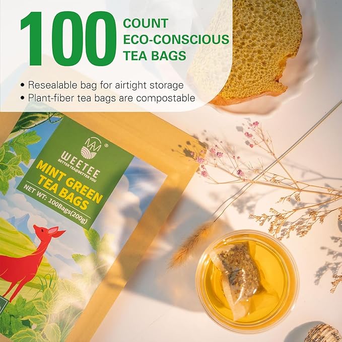 WT WEETEE Mint Green Tea Bags, 100 Count, Perfect blend of Green Tea, Peppermint, Spearmint, Lemongrass, Lemon Balm, Low Caffeine Mint Medley Herbal Tea - Bloomnest