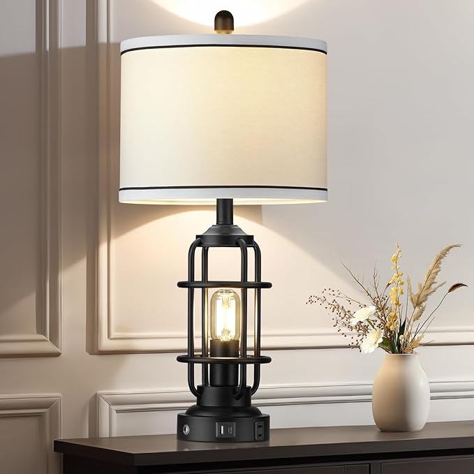 26" Modern Lamp for Living Room, Industrial 3-Way Dimmable Beside Table Lamp with USB A+C Charging Ports & AC Outlet, Touch Control Beside Lamp LED Night Light for Bedroom Single(2 Bulbs Included) - Bloomnest