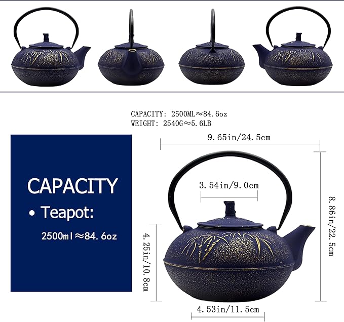YJX 84.6oz/2500ml Big Cast Iron Tea Kettle for 5 to 8 Persons, Teapot with Stainless Steel Infuser, Cast Iron Teapot with Enamel Interior for Stovetop Safe (2500ml Purple Teapot with Bamboo Pattern) - Bloomnest