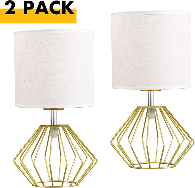 Hamilyeah Table Lamps Set of 2, Gold Bedside Lamps with On/Off Switch, Industrial Night Stand Lamps with Linen Beige Fabric Shade, Simple Modern Lamp for Bedroom, Living Room - Bloomnest