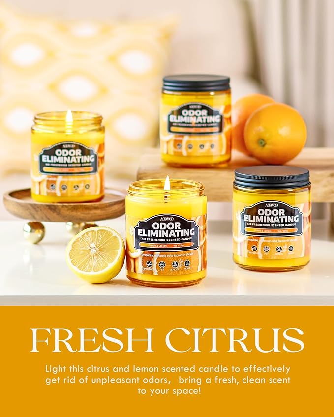 AOOVOO 4 Pack Citrus Lemon Odor Eliminating Highly Fragranced Candle - Eliminates 95% of Pet, Smoke, Food, and Other Smells Quickly, Air Freshing Soy Candle - Bloomnest