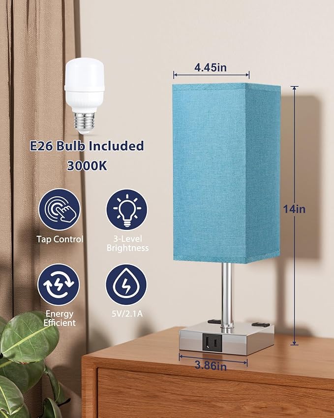 Touch Bedside Table Lamp for Nightstand - 3-Way Dimmable Night Lamp with USB A + Type C Charging Ports and Two AC Outlets, Small Desk Light with E26 Bulb for Bedroom Living Room Dorm, Turquoise - Bloomnest
