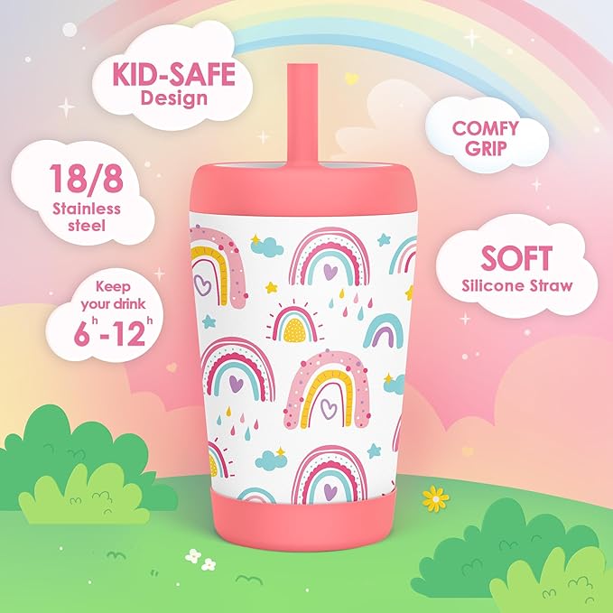 Kid Insulated Stainless Steel Tumbler with Silicone Straw, 12oz Sippy Cup for Kids (Sweet Rainbows) - Bloomnest