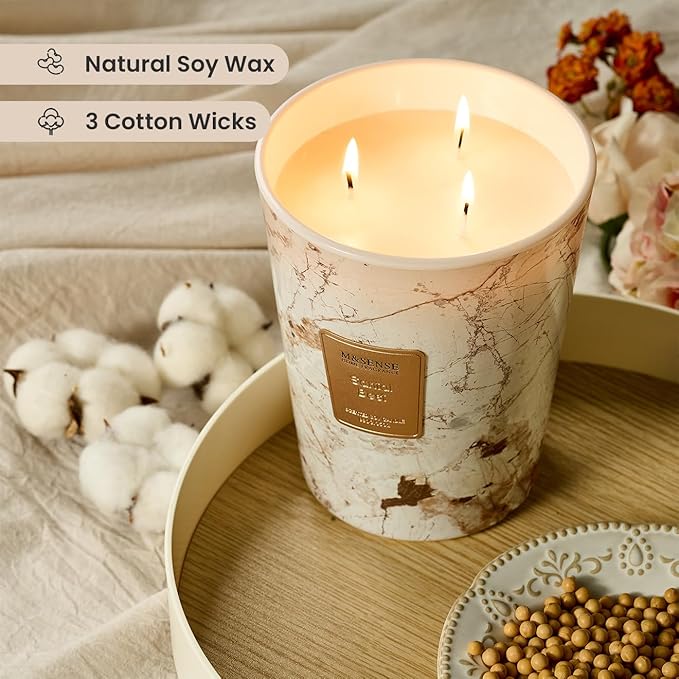 M&SENSE Santal Scented Candles for Home, 3-Wick Highly Scented Jar Candles, Extra Large Candle 35 Oz 150 Hours Long Lasting Burning, Relaxing Aromatherapy Candle for Stress Relief, Meditation - Bloomnest