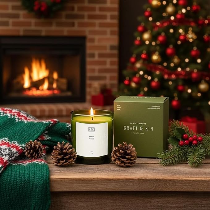 Craft & Kin 12oz Santal Woods Christmas Scented Candle for Home | Premium Green Winter Scented Candles for Men | Made with Natural Soy | Gifts for Men and Women | Nature Collection - Bloomnest