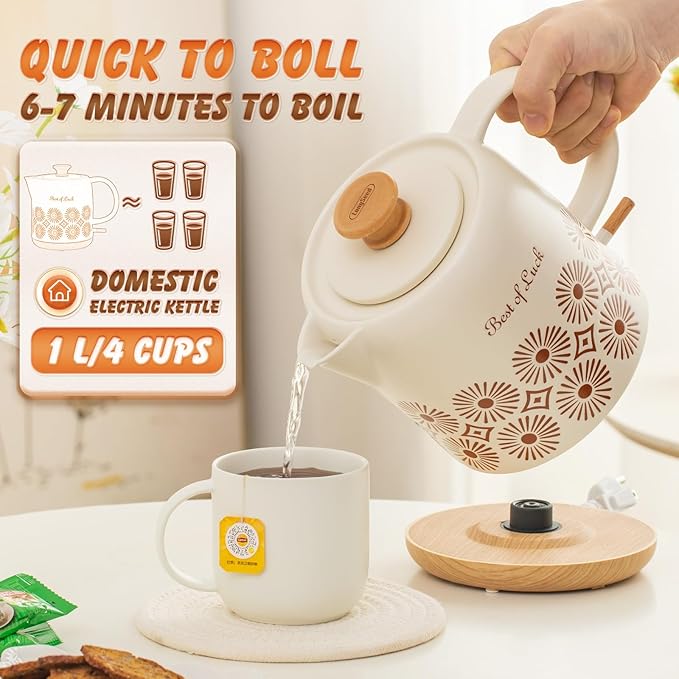 Ceramic Electric Kettle 1 Quarts, Automatic Shut Off, Porcelain Teapot, Hot Water Electric Boiler with LED Light, Boil Dry Protection, Short Spout 1000W Rapid Boiling Water for Tea Coffee - Bloomnest