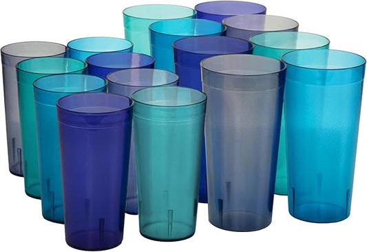 US Acrylic Cafe Plastic Reusable Tumblers (Set of 16) 20oz Water & 32oz Iced-Tea Cups Coastal Colors, Restaurant Style Drinking Glasses, Stackable, BPA-free, Made in the USA, Top-rack Dishwasher Safe - Bloomnest
