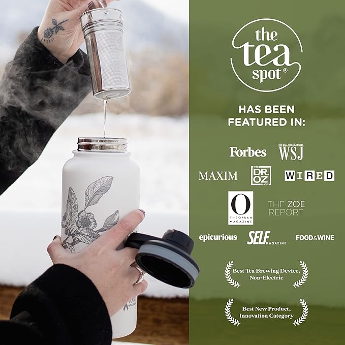 The Tea Spot Himalayan Tea Tumbler - Travel Bottle with Tea Infuser for Loose Leaf Tea or Iced Coffee - 32oz, White-Etched - Double-Walled Insulated Bottle - Keeps Drinks Hot & Cold for Hours - Bloomnest