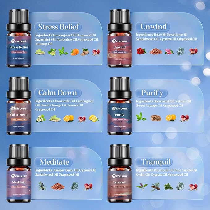 Relax Diffuser Oil, Eessential Diffuser Oil for Home, Humidifiers, Candle Making, Aromatherapy - Stress Relief, Calm Down, Tranquil, Meditate, Unwind, Purify, 6x10ml - Bloomnest