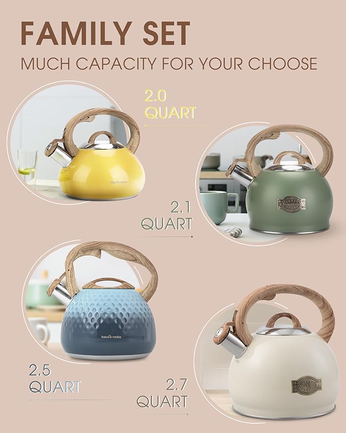 Tea Kettle, Stovetop Teapot, 2.5 Quart, Loud Whistle, Food Grade Stainless Steel and Smooth Wood Pattern Handle, Sophisticated Look for Hiking, Picnic, for Tea, Coffee, (Yellow) - Bloomnest