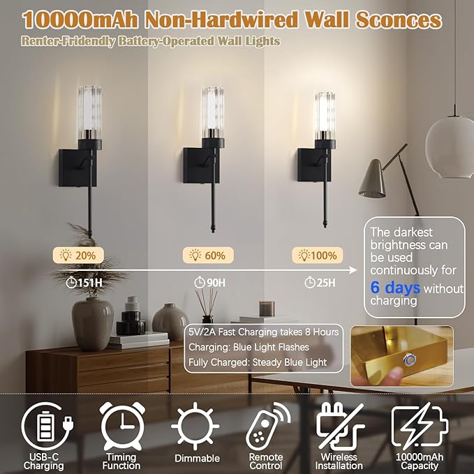 Battery Operated Wall Sconce Set of Two with Remote, Black Rechargeable Wireless Wall Lights, Sconces Wall Decor Set of 2 Dimmable 2700K Battery Powered Sconce for Bathroom Living Room Hallway - Bloomnest