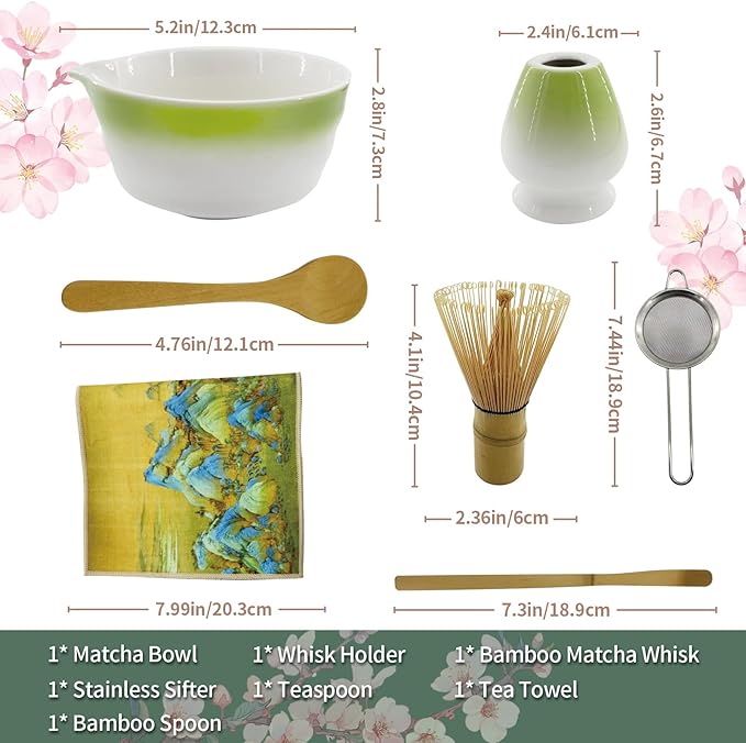 Matcha Whisk Set, 7-Pcs Matcha Set Includes Gradient Ceramic Matcha Bowl and Chasen Holder, Bamboo Whisk, Stainless Sifter, Teaspoon, Tea Towel, Spoon, Matcha Kit for Tea Lovers (Green) - Bloomnest