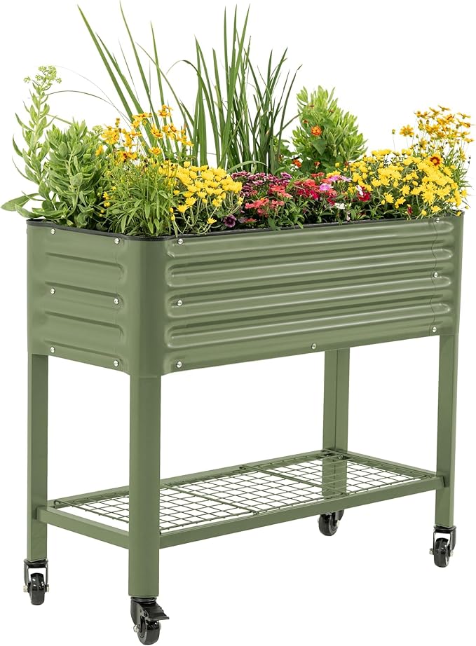 Rolling Elevated Raised Garden Bed - Slim Series, 1.5' x 3.5' Outdoor Planters Boxes with Legs & Storage Rack for Patio, 500 Lbs Weight Capacity, Raised Beds for Gardening Herbs Flowers, Olive Green - Bloomnest