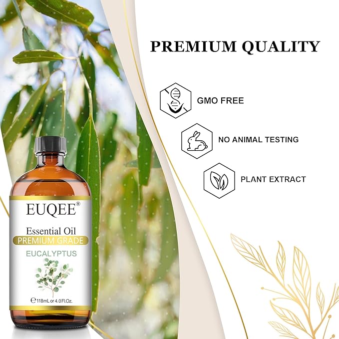 EUQEE Eucalyptus Essential Oil 118ml Pure Eucalyptus Oil with Glass Dropper for Aromatherapy, Diffuser, Soap & Candle Making - 4Fl.Oz - Bloomnest