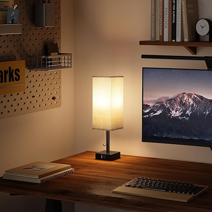 Bedside Table Lamps Set of 2 - Gray Bedroom Lamps with 3 Color Temperatures (3000K/5000K/4000K), Square Nightstand Light with USB C + A Charging Ports, Pull Chain Small Night Light - Bloomnest