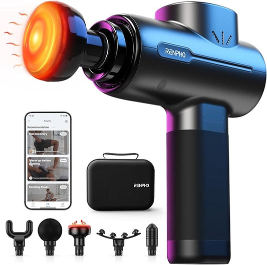 RENPHO Massage Gun with Heat, Portable Muscle Percussion Massager with Bluetooth for Back and Neck, 5 Replaceable Heads, Carry Case, Gifts for Men Women - Bloomnest