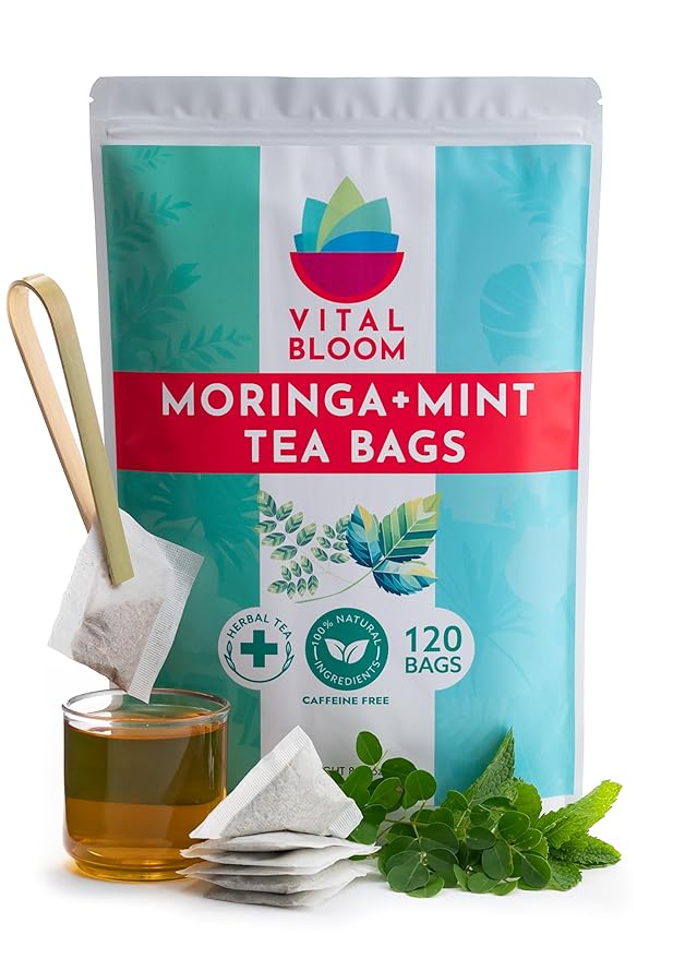 Vital Bloom Moringa Mint Tea, 120 Tea Bags, reduces inflammation, Bleach Free tea bags, Non GMO (Free Bamboo Tongs Included) - Bloomnest