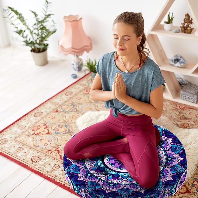 Mandala Meditation Cushion, Boho Meditation Mat, Meditation Pillows for Sitting on Floor, Cushions for Sitting in Home and Outdoor, Round Floor Pillows Cushion Seating for Yoga 22'' X 22'' - Bloomnest