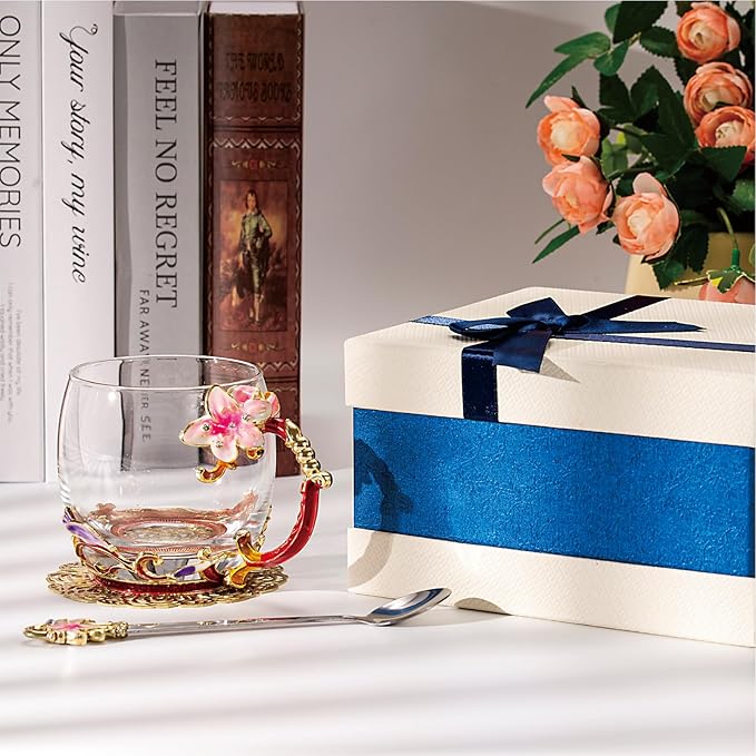 Flower Tea Cup ,Lily flower Clear Glass Fancy Coffee Mug with Spoon,Gift Box for Her Mom Wife Grandma Girls Friends Valentines Christmas Birthday Present Idea for Juice,Hot And Cold Drinks Use - Bloomnest