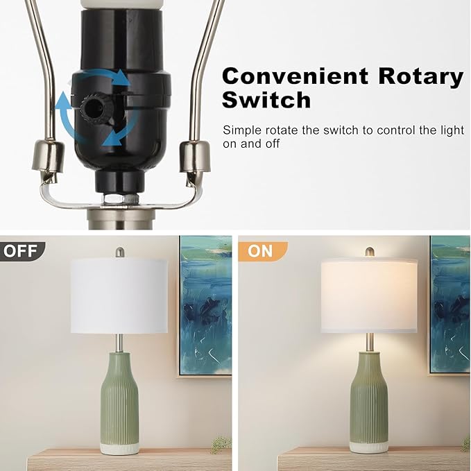 24.5" Ceramic Table Lamps Set of 2, Modern Farmhouse Bedside Lamps for Bedroom Nightstand, Small Light Green Lamp for Living Room End Table (2 LED Bulbs Included) - Bloomnest