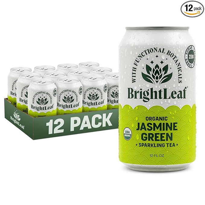 BrightLeaf Regenerative Organic Sparkling Tea, Jasmine Green, 12 oz Cans (Pack of 12) – Zero Sugar & Zero Calories – Organic Herbal Tea Drink – Mood-boosting ingredients – Craft Brewed Botanical Beverage - Bloomnest