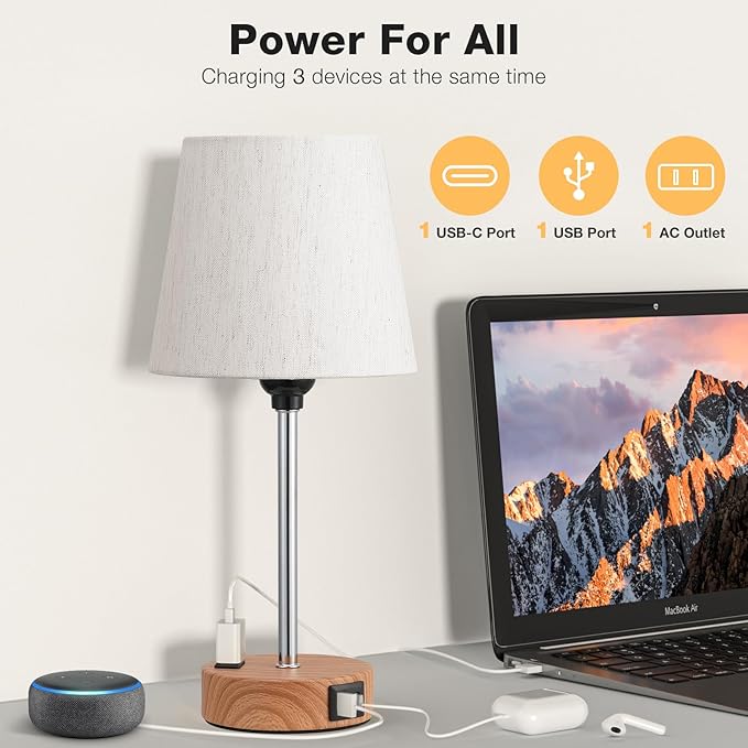 Acaxin Bedside Lamps for bedrooms Set of 2 - Nightstand Bedroom Lamp with USB C Port and AC Outlet Charging, 3 Way Dimmable Touch Control Small Bed Side Table Lamp, Nightstand Light for Kids - Bloomnest