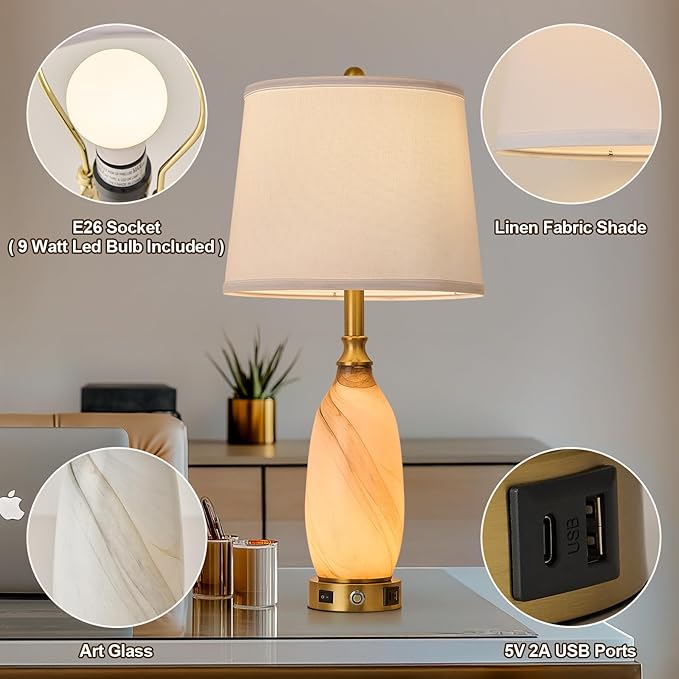 AIDENOEY 26" Modern Art Glass Table & Bedside Lamp, Stepless Dimmable Base + Dimmable 3-Color Light, USB A/C Charging Ports, Touch Control & Switch for Bedroom, Living Room, Office, Study - Bloomnest