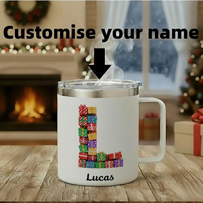 Personalized Christmas Mug with Name, 12oz Insulated Coffee Tumbler with Handle, Custom Present Wreath Initial Cup, Festive Holiday Xmas Gift for Women, Her, Mom(B04) - Bloomnest
