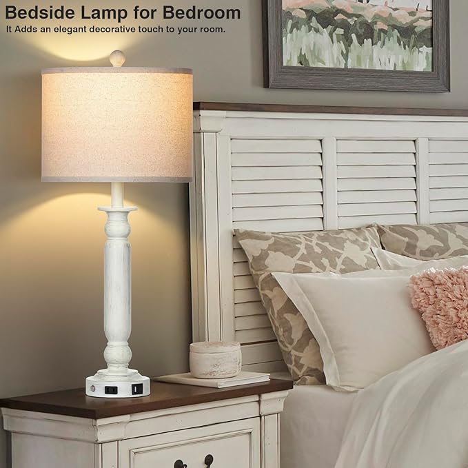 28.5" Tall Farmhouse Table Lamps Set of 2 for Living Room, 3-Way Dimmable Touch Lamps with USB C+A Ports & AC Outlet, Bedside Nightstand Lamps with Linen Shade for Bedroom - Bloomnest