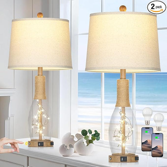 28" Coastal Table Lamps for Bedroom Set of 2, Farmhouse Glass Lamps with 3-Way Dimmable Touch Control Fairy Lights & Type-C Charging for Living Room Nightstand, Beach Nautical Bedside Lamp Rustic Wood - Bloomnest