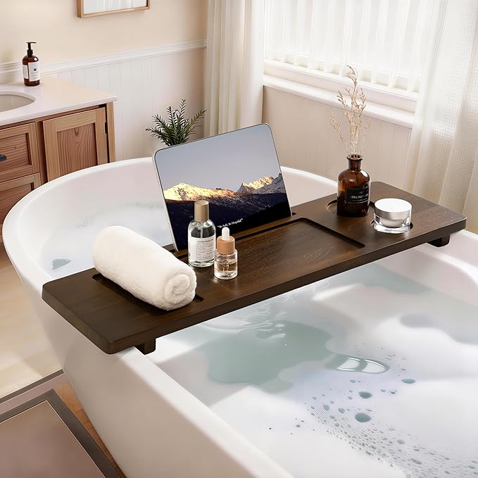 Teak Bathtub Tray - Wood Bath Caddy Tray 29" for Small Tubs - Adjustable Bathtub Table Trays - Luxury Shower Organizer for Home Spa Relaxation and Reading - Dark Walnut Color - Bloomnest