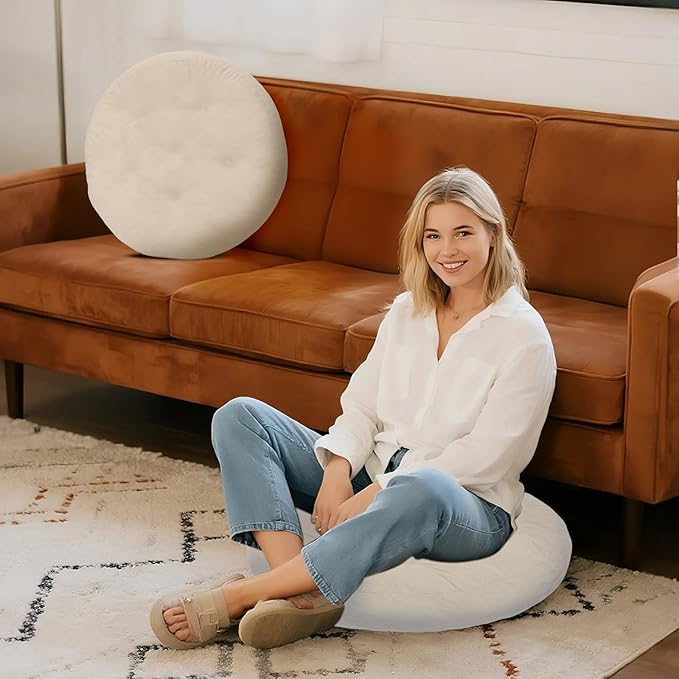 Meditation Floor Pillow Set of 2, Round Large Pillows Seating for Adults, Tufted Corduroy Cushion for Tatami Living Room, 22x22 Inch FP-Beige-R