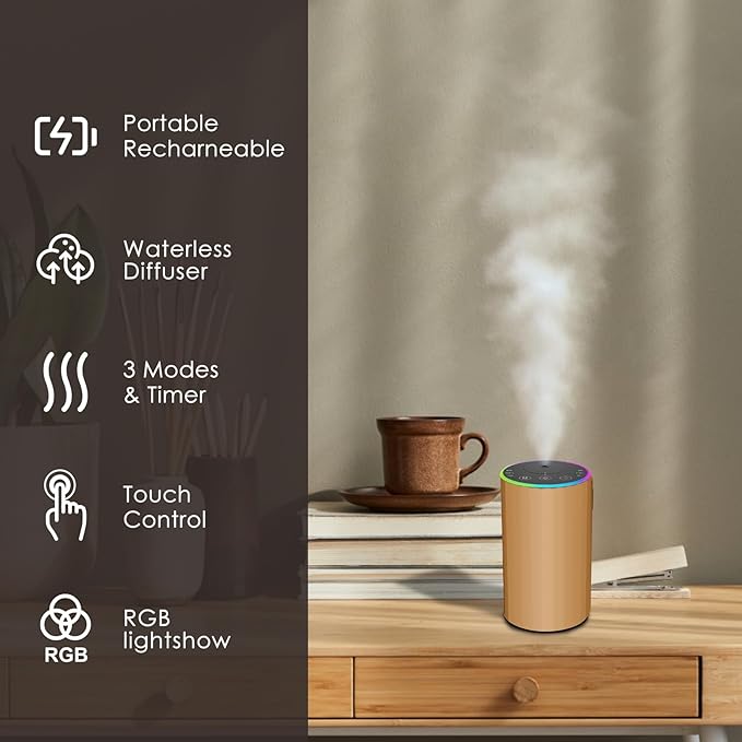 Waterless Essential Oil Diffuser, Battery Powered Mini Scent Air Machine, Aromatherapy Mist Diffuser for Home Room Car Office (Gold) - Bloomnest