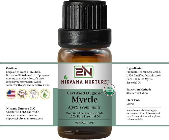 Myrtle Essential Oil, USDA Certified Organic, 100% Pure Undiluted, Aromatherapy Oil for Diffuser, Hair & Skin Care NirvanaNurture