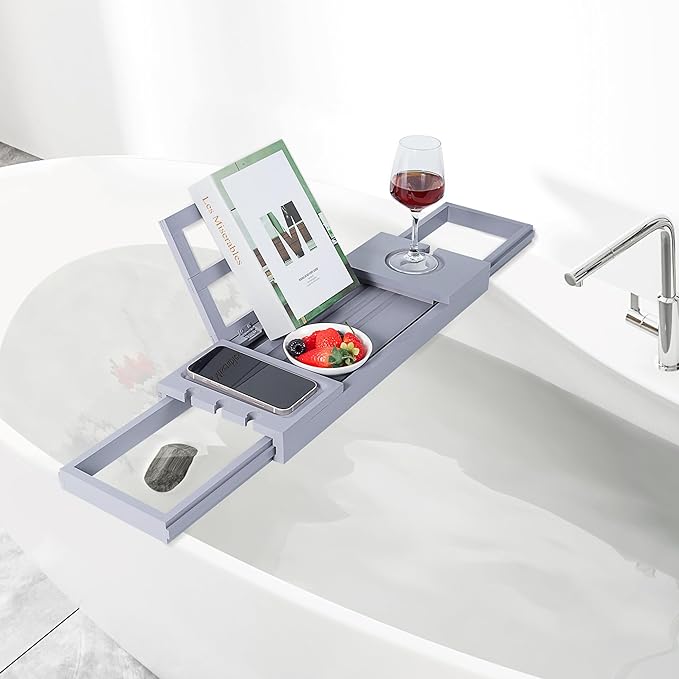 Utoplike Bathtub Tray Caddy Bamboo, Grey Bath Table for Tub Adjustable, Bathroom Organizer with Book Tablet Wine Glass Cup Towel Holder - Bloomnest