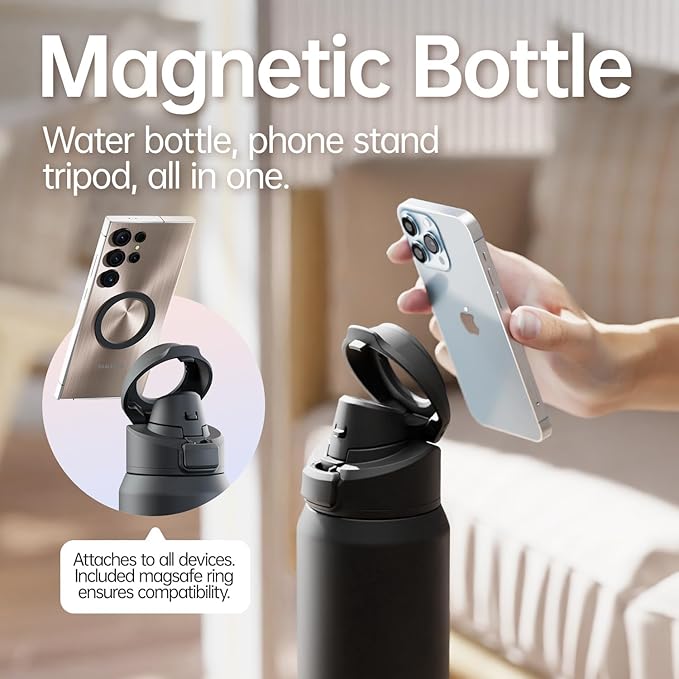 Insulated Magnetic Water Bottle - Reusable Stainless Steel Bottle with MagSafe Compatible Phone Holder - Keeps Cold for 24 Hours - Perfect for Gym, Sports, and Travel - Black 32oz Magcheer
