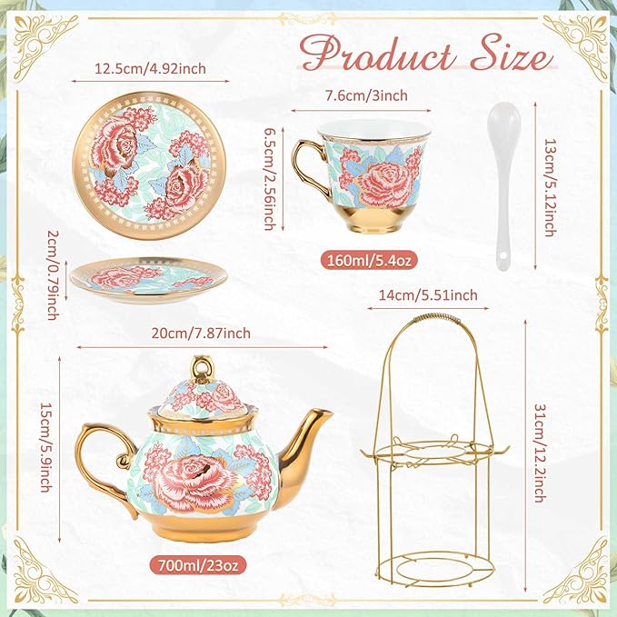 Zhehao 20 Pcs Porcelain Tea Set with Metal Holder and Spoon Adult Ceramic Tea Set European Flower Painting Teapot Cup Saucer Spoon for Women, Large Version(Vintage Style) - Bloomnest