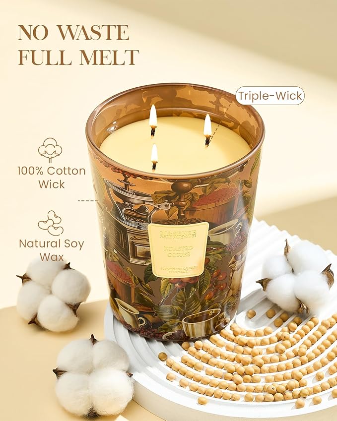 M&SENSE Roasted Coffee Scented Candle, 3 Wick Soy Natural Wax Fall Winter Candles, 35oz 150H Long Lasting, Stress Relief Festival Thanksgiving Christmas Home Fragrance Housewarming Gifts - Bloomnest