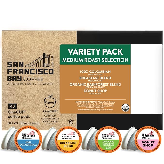 San Francisco Bay Compostable Coffee Pods - Variety Pack Medium Roast (40 Ct) K Cup Compatible including Keurig 2.0, Colombian, Breakfast, Organic Rainforest, Donut Shop - Bloomnest