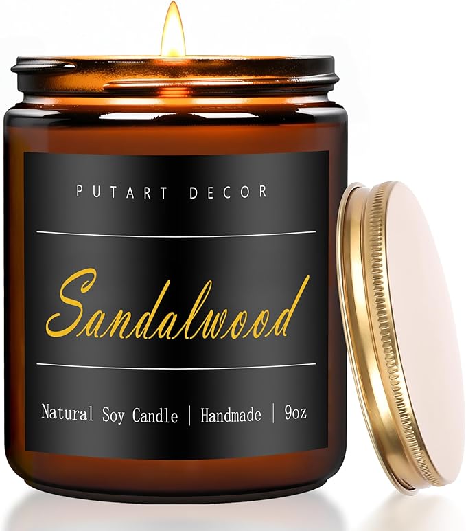 Sandalwood Scented Candles for Home, 9oz Natural Soy Wax Aromatherapy Organic Santal Candle for Stress Relief, Long Burning & Lasting Jar Candle Gifts for Birthday, Housewarmings, Thanksgiving - Bloomnest