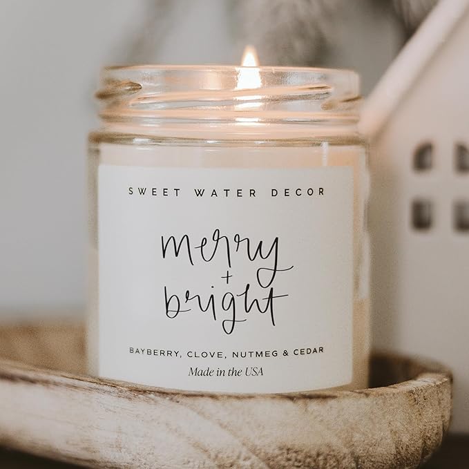 Sweet Water Decor Merry and Bright Candle - Bayberry, Fir, Nutmeg, and Clove Winter Holiday Scented Soy Candles for Home - 9oz Clear Jar, 40 Hour Burn Time, Made in The USA - Bloomnest
