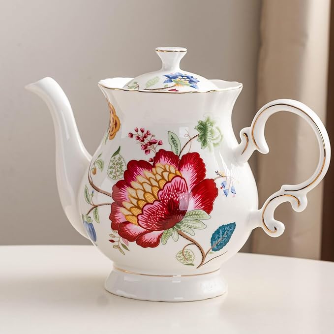 Jomop European Style Ceramic Flower Teapot Coffee Pot Water Pot Porcelain Gift Large 5.5 Cups (1, Blue and Red) - Bloomnest