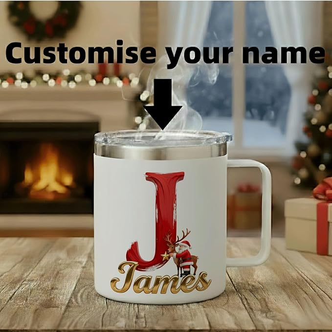 Personalized Christmas Insulated Coffee Mug with Handle – Letter [A] Double Wall Stainless Steel Travel Tumbler for Drinks – Unique Holiday Gift for Men, Women, & Kids(B122) - Bloomnest