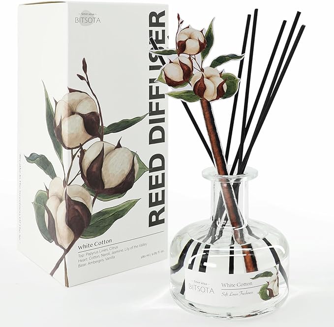 Reed Diffuser Set, 9.85 oz White Cotton Scented Diffuser with Decorative Card Home Fragrance Reed Diffuser for Bathroom Shelf Decor, Ideal Gift for Woman