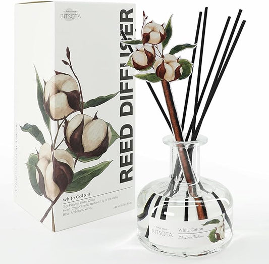 Reed Diffuser Set, 9.85 oz White Cotton Scented Diffuser with Decorative Card Home Fragrance Reed Diffuser for Bathroom Shelf Decor, Ideal Gift for Woman