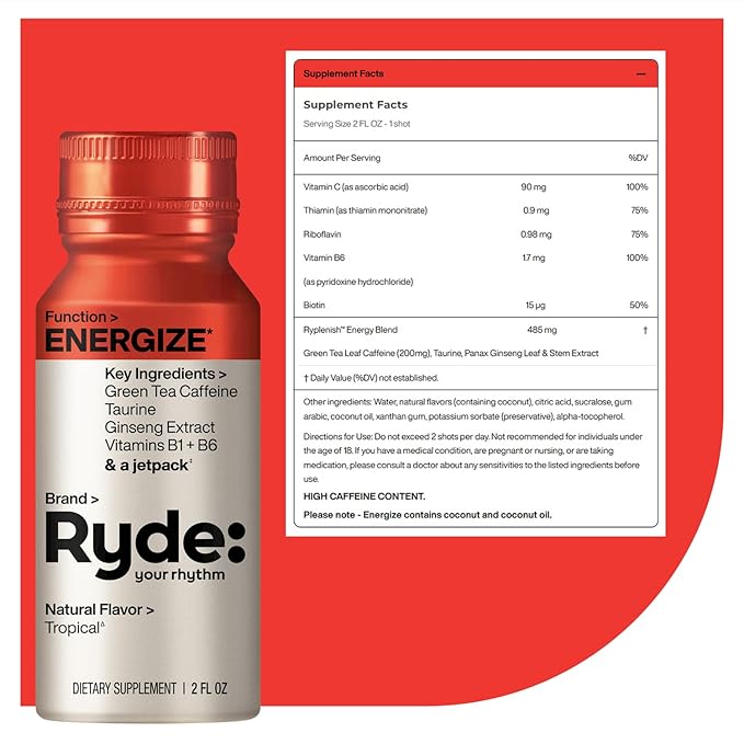 Ryde: Energize Shot | Tropical Flavor | Green Tea Caffeine, Taurine, Ginseng Extract & B Vitamins | 0 Calories, 0 Sugar | 2 FL OZ Shots | Boosts energy* (8 Pack) - Bloomnest