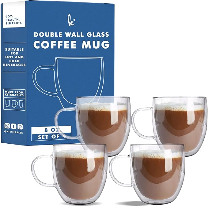 Kitchables Double Walled Glass Coffee Mugs Set of 4, 8oz - Insulated Glass Coffee Mugs for Cappuccino, Latte, Tea, Espresso - Latte Cup - Tazas Para Cafe - Bloomnest